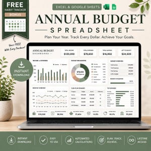 May include: A laptop displays an annual budget spreadsheet with charts and graphs. The screen shows income, expenses, and savings data. Text on the screen includes "Annual Budget Spreadsheet" and "Plan Your Year. Track Every Dollar. Achieve Your Goals."