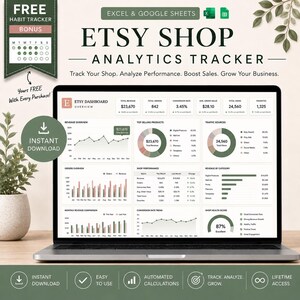 以下が含まれることがあります： ラップトップには、Etsy Shop Analytics Trackerが表示されています。画面には、収益、注文、ショップのパフォーマンスに関するグラフやチャートなどのデータ視覚化が表示されます。「Track Your Shop. Analyze Performance. Boost Sales. Grow Your Business.」というテキストが含まれています。