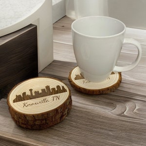Knoxville Tennessee Skyline Engraved Wood Coasters - Gifts for Christmas, Birthday, Wedding, Anniversary, Rustic Decor, Drink Coasters