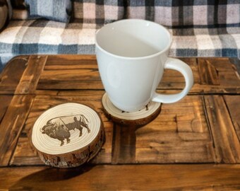 Buffalo Bison Wood Coaster Set - Gifts for Valentines, Birthday, Wedding, Anniversary, Drink Coasters, Woodland Animal Decor, Cabin Decor