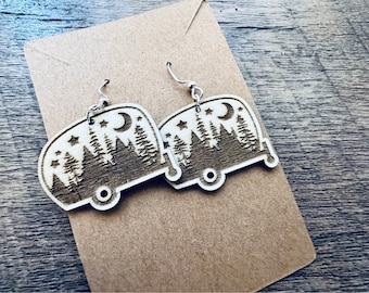 RV Camper Earrings - RV Earrings - Glamping - Wooden Engraved Earrings - Camper Earrings - Camping Accessories - Handmade Earrings