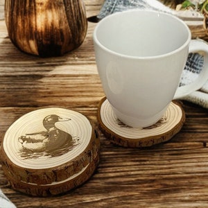 Mallard Duck Wood Coaster Set - Gifts for Valentines, Birthday, Wedding, Anniversary, Woodland Decor, Rustic Cabin Decor, Drink Coasters