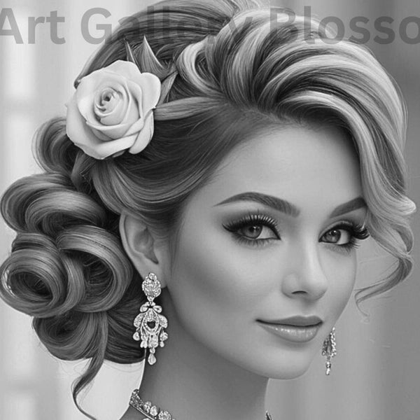 Bridesmaid - Beautiful Women Hair Flower Accessories Coloring Page Download Instant Download Grayscale Digital Coloring Book Pages jpg,pdf