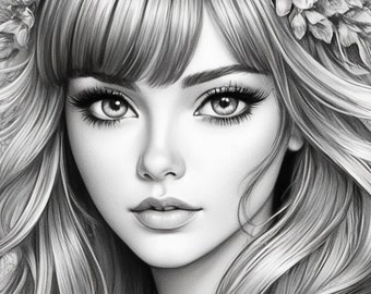 DOLL- A beautiful Girl with fringes Hairstyle Flower Coloring Instant Download Grayscale Digital Coloring Book Page jpg,pdf