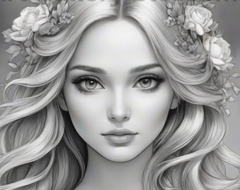 Model- Beautiful Women Hair Flower Coloring Page Downloads Adult Instant Download Grayscale Coloring Digital Coloring Book Pages jpg, pdf