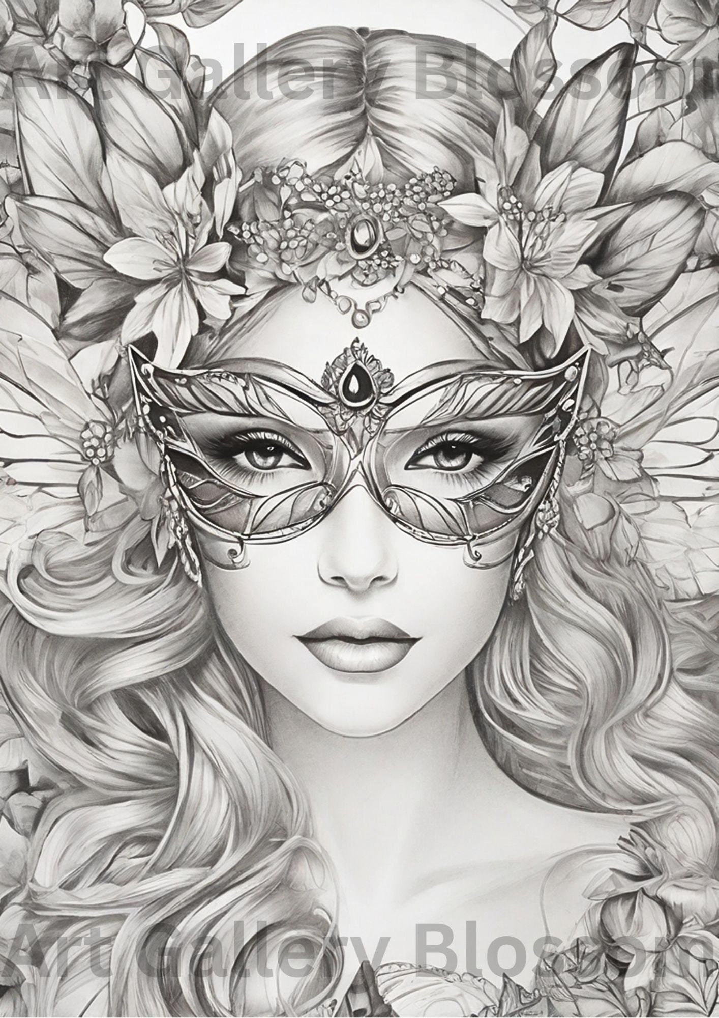 BEHIND THE MASK Women Hair Flower Coloring Page Download Adult Instant ...