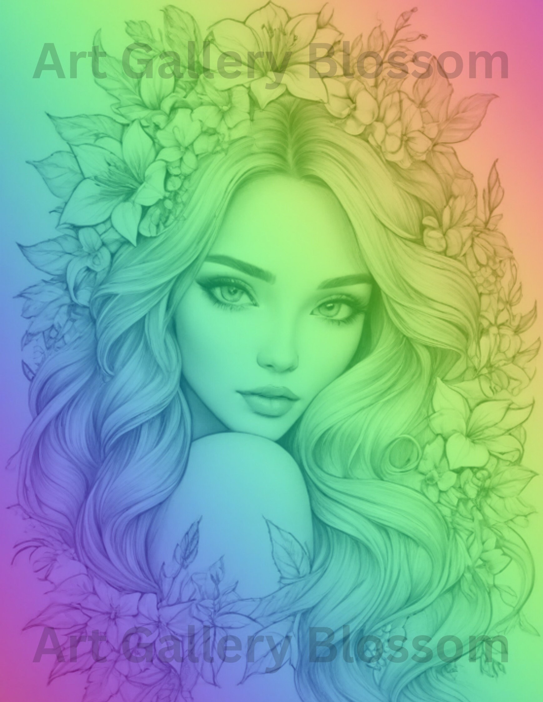 FLAURA Beautiful Women Hair Flower Coloring Page Download Adult Instant