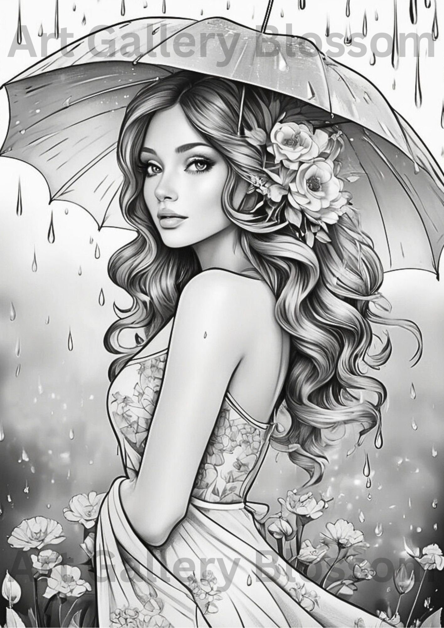 THAT RAINY DAY- Beautiful Hair Flowers Dress Women Coloring Page Download Instant Download Grayscale Digital Coloring Book Pages jpg,pdf