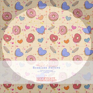 Könnte beinhalten: Ein nahtloses Muster mit rosa und blauen Donuts, Herzen und Nudelholz auf einem hellbeigen Hintergrund mit Konfetti. Das Muster ist handgezeichnet und perfekt für die Verwendung in digitalen Projekten.