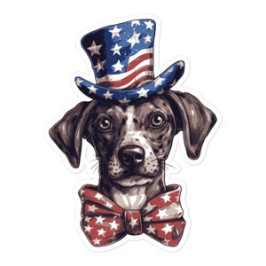 May include: A black and white dog wearing a red, white and blue bow tie and a top hat with stars and stripes.