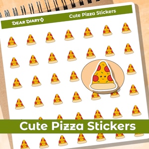 Può includere: Un foglio di adesivi di pizza carini con una varietà di fette di pizza con facce sorridenti. Gli adesivi sono bianchi con un bordo verde e il testo "Cute Pizza Stickers" è stampato nella parte superiore e inferiore del foglio.