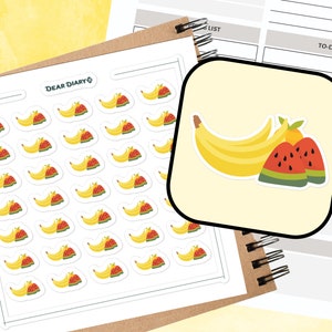 Puede incluir: Una hoja de pegatinas con diseños de plátanos y sandías, con el texto "Dear Diary". También se ve una pegatina más grande con los mismos diseños de frutas, junto con una lista de tareas.