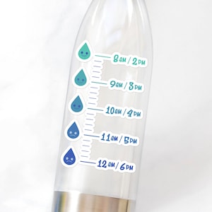 Puede incluir: Una botella de agua transparente con fondo de acero inoxidable. La botella tiene pegatinas con gotas de agua azules y verdes y horas, incluyendo 8 AM/2 PM, 9 AM/3 PM, 10 AM/4 PM, 11 AM/5 PM y 12 AM/6 PM.