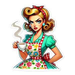 Adesivo de dona de casa, arte pop rabugenta, senhora do café, cozinha, menu de café, decalque de vinil estético, laptop, planejador, diário, copo, presente, decoração 21/07 GRHO02