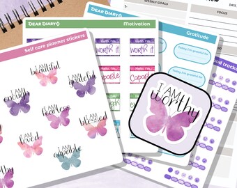 59 Self care planner stickers pack Motivation inspiration mood tracker gratitude mental health sheet journal monthly weekly SCPA01