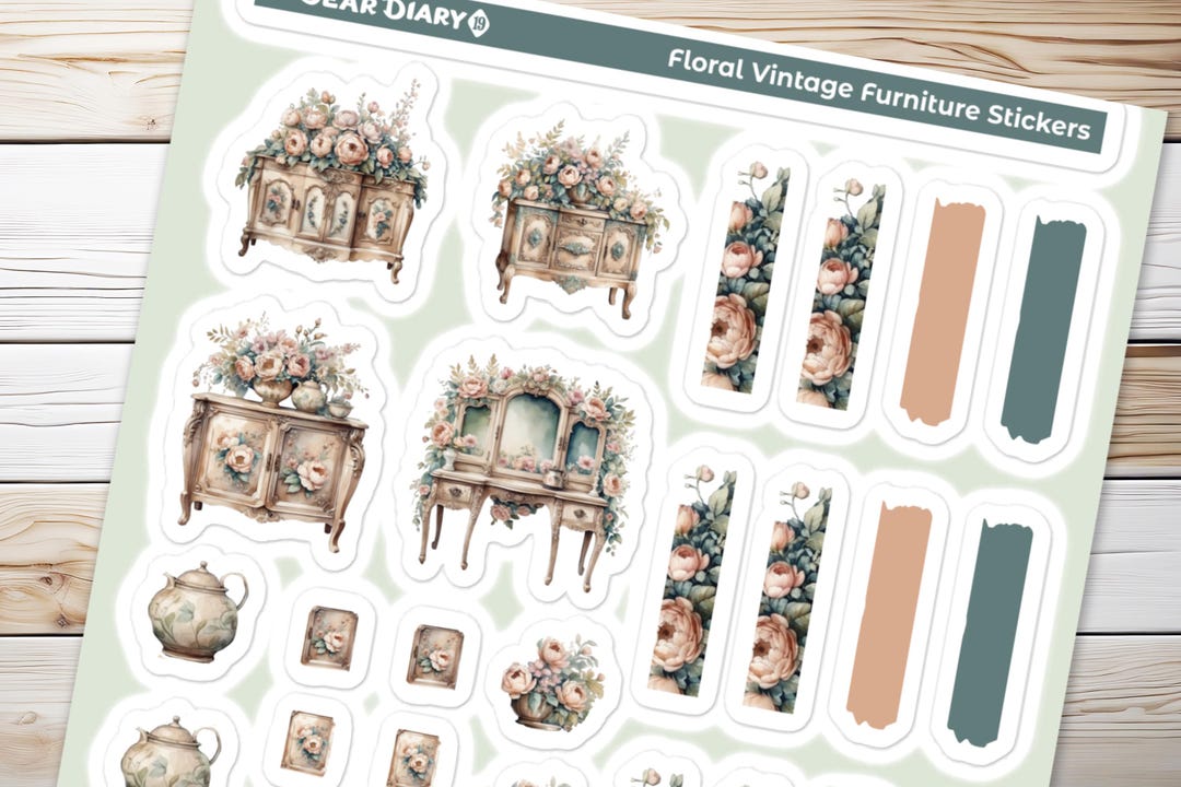 Vintage Furniture Journal Stickers Sheet Floral Planner Bujo Diary Junk ...