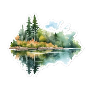 May include: Watercolor painting of a forest reflected in a still lake. The trees are green and brown, and the water is a light blue. The painting is done in a realistic style.