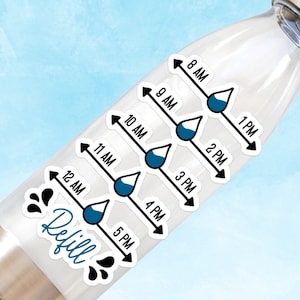 Op de afbeelding: Een doorzichtige waterfles met een zilveren dop en een sticker met de tekst "Refill". De sticker heeft een blauw-wit ontwerp met tijden van 8 uur tot 17 uur en waterdruppel-iconen.