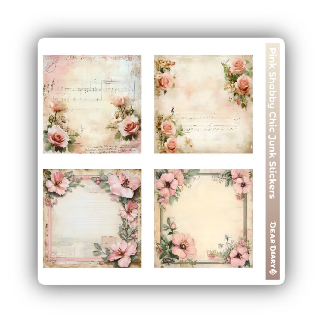 Pink Shabby Chic Sticker Sheet Vintage Rose Decal Junk Journal Planner ...