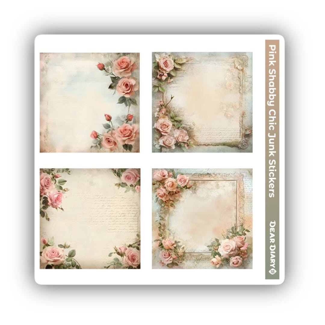 Pink Shabby Chic Sticker Sheet Vintage Rose Decal Junk Journal Planner ...