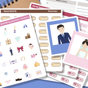 Könnte beinhalten: Eine Sammlung von Hochzeitsplaner-Aufklebern, Erinnerungsnotizen und Checkpoint-Karten. Die Aufkleber zeigen verschiedene Illustrationen zum Thema Hochzeit, darunter ein Brautpaar, eine Kirche und eine Torte. Die Farbpalette umfasst Rosa, Blau und Braun.
