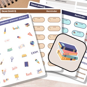 Könnte beinhalten: Eine Sammlung von Planer-Aufklebern und -Seiten mit dem Text "DEAR DIARY". Die Aufkleber zeigen akademische Themen mit Illustrationen von Büchern, Bleistiften und anderen schulbezogenen Symbolen. Die Seiten enthalten Abschnitte für Erinnerungen und Wochenziele.