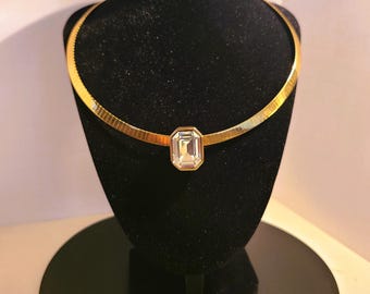 Vintage Park Lane Gold Tone Omega Choker, Large CZ Crystal Statement Necklace