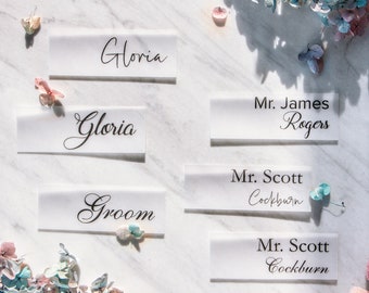 Etiquetas de nombre de boda, etiquetas de vitela personalizadas con sellos de cera, etiquetas translúcidas para damas de honor, tarjetas de lugar de boda de vitela, 8 x 3 cm