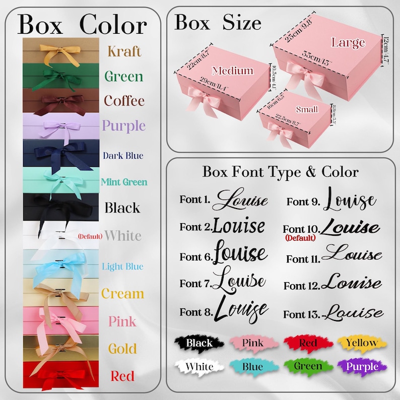 May include: Image showing options for gift boxes, including colors like pink, black, and gold, and sizes from small to large. The image also displays font styles and colors for personalization, with the word "Louise" in various fonts.