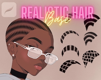 Pinceles digitales para estampar trenzas y separar el cabello en Procreate, ilustración de anime con arte digital.