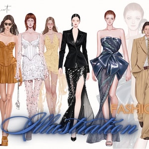 May include: Fashion illustration featuring six stylized figures in various outfits. The outfits include a brown corset dress, a white embellished dress, a yellow dress, a black blazer with a sequined skirt, a blue strapless gown, and a tan suit. The word "Fashion" is visible.