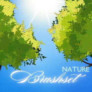 Puede incluir: Una ilustración digital de dos árboles verdes con un sol brillante en el cielo. El texto "NATURE Brushset" está escrito en letras blancas cursivas debajo de los árboles.
