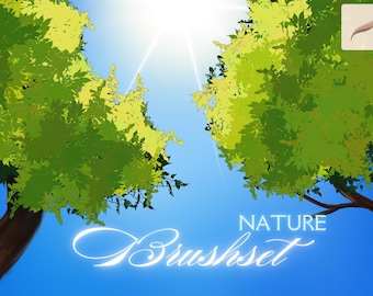 Pinceles de naturaleza forestal para Procreate. Sellos de pincel para plantas, hojas y árboles para Procreate. Pincel doble para contorno de anime para Procreate. Ambiente para manga para Procreate.