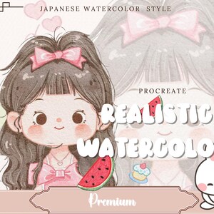 May include: A digital illustration of a cute cartoon girl with brown hair and a pink bow. The illustration is in a Japanese watercolor style and features the text "Procreate Realistic Watercolors Premium".