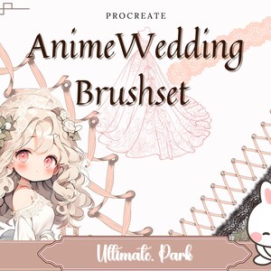 以下が含まれることがあります： Procreate 用の結婚式をテーマにしたブラシセットのデジタルイラスト。画像には、かわいいアニメ風の新婦、ウェディングドレス、さまざまな装飾的な要素が描かれています。