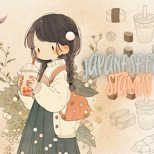 Puede incluir: Una ilustración digital de una niña con el pelo largo y negro que lleva un jersey blanco y una mochila rosa. Está sosteniendo una taza de té de burbujas. La imagen también incluye varios alimentos japoneses como sushi, albóndigas y té de burbujas. El texto "JAPANESE FOOD STAMPS" está escrito en letras grandes en la parte superior de la imagen.