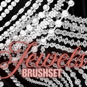 Può includere: Un'immagine digitale con diverse file di perle simulate e gemme simili a diamanti su sfondo nero. Il testo "Jewels BRUSHSET" è sovrapposto in corallo, suggerendo un elemento di design o un'asset digitale.