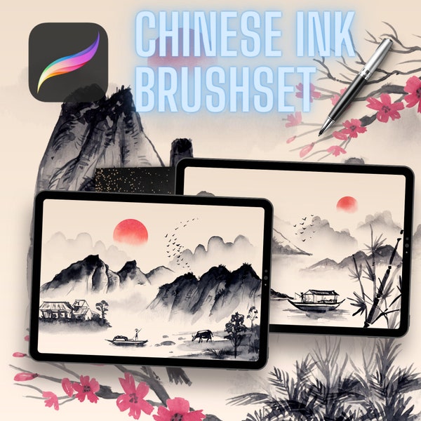 Traditional ink brush set procreate,sumi ink procreate, procreate asia,Chinese paint brush procreate, asia procreate,chinese ink digital pen