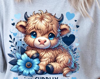 Cuddly Highland Cow PNG, Floral Farm Animal Design (Digital Download)