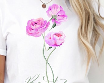 Pink Rose Floral T-Shirt | Watercolor Boho Design (Digital Download PNG)