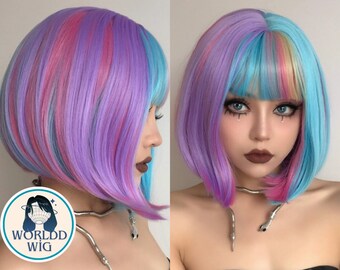 Multicolor Party Wig, Halloween, Christmas And Costume Wig with Short Bangs Cosplay Wig, Woman Wig, Woman Gift