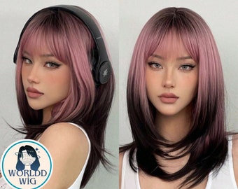 Ombre Black Pink Wig Cosplay Long Straight Layered Wig With Bangs For Women,Woman Wig,Woman Gift