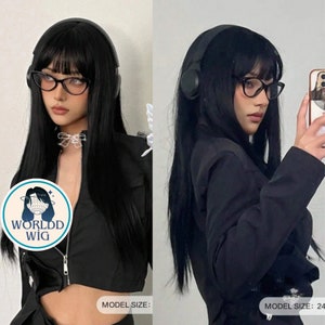 Beautiful Black Long Straight Wig With Bangs For Halloween Christmas, Woman Wig, Woman Gift