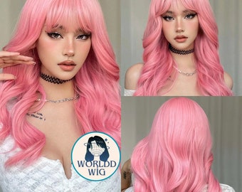 Pink Wig 24 inch Long Curly Synthetic Wig With Bangs for Women Daily Party Cosplay Halloween Wigs
