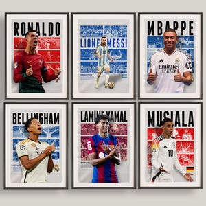 Messi, Ronaldo, Mbappe, Bellingham, Lamine Yamal, Musiala, set di 6 poster A3 stampabili, regalo per ragazzo, decorazione murale a tema calcio, stampa di calcio.