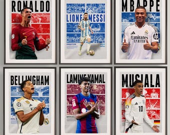 Printable Messi, Ronaldo, Mbappe, Bellingham, Lamine Yamal, Musiala, Set of 6 Posters A3, Gift For Boy, Soccer Wall Art, Soccer Print.