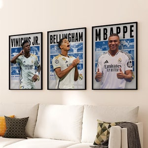 Jude Bellingham, Kylian Mbappe, Vinicius Jr Real Madrid, Juego de 3 carteles, Póster A3, Póster de regalo del Real Madrid, Impresión de fútbol.