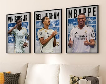 Jude Bellingham, Kylian Mbappe, Vinicius Jr Real Madrid, Set of 3 Posters, Poster A3, Real Madrid Gifts  Poster, Soccer Print.