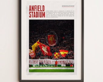 Anfield Liverpool, wydrukowana sportowa grafika ścienna w formacie A3, prezent dla chłopca, plakat A3, plakat z prezentami dla Liverpoolu, wydruk piłkarski, YNWA, Premier League.