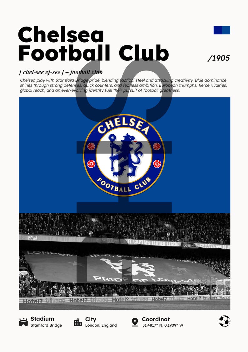 Chelsea Poster, Chelsea Wall Art Print, Printable A3 Sport Wall Art ...
